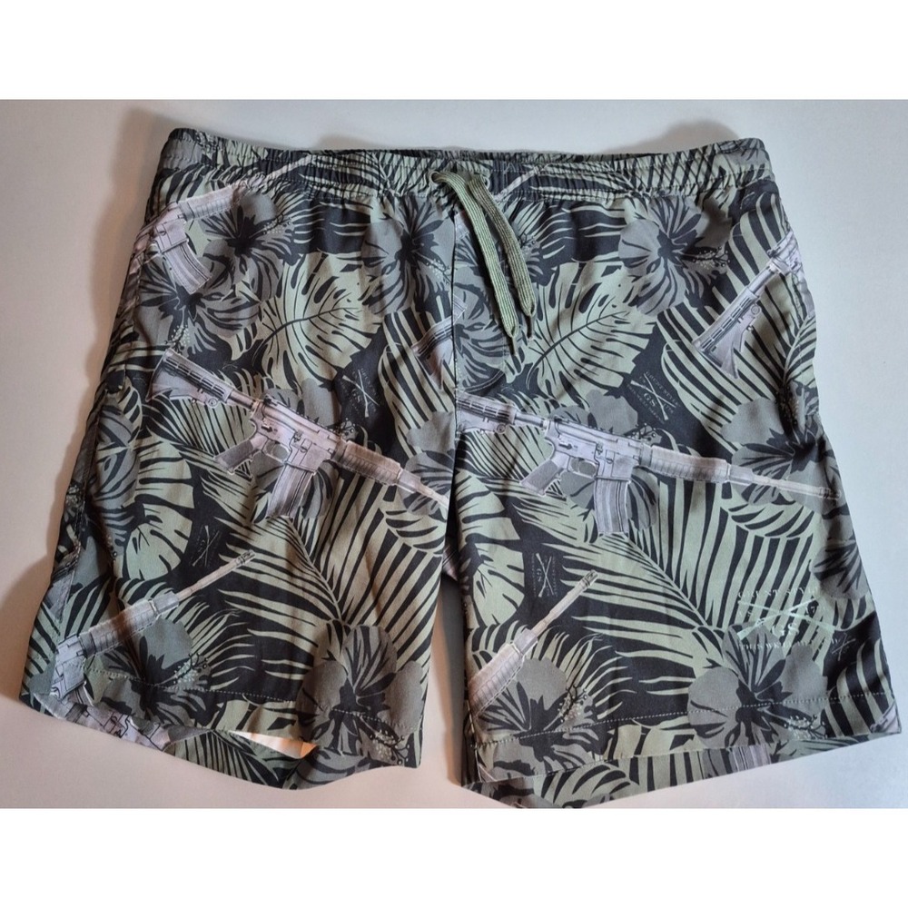 Grunt Style Mens Lined Swim Trunks Drawstring M Leaves Guns Gray Green Black
